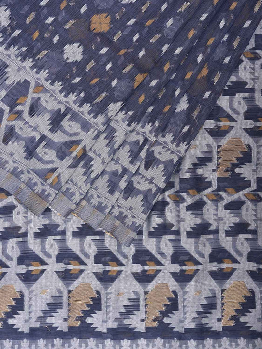 Grey Dhakai Jamdani Cotton Viscose Saree with Pallu and Border Design dj0093