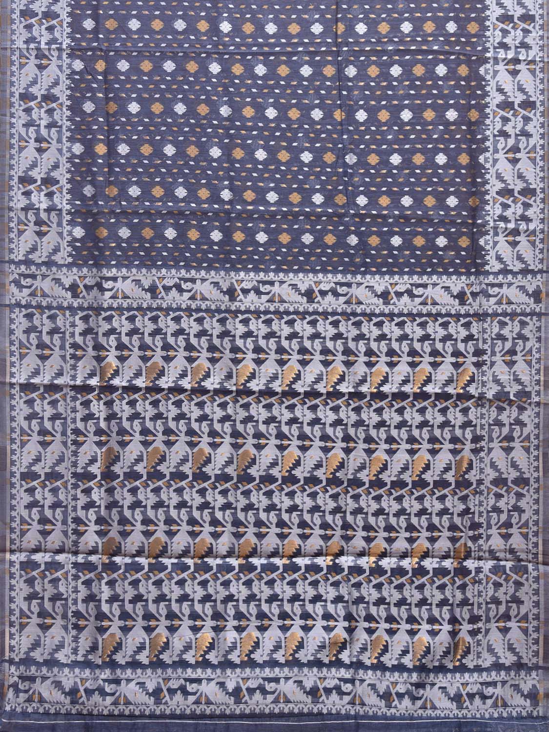 Grey Dhakai Jamdani Cotton Viscose Saree with Pallu and Border Design dj0093