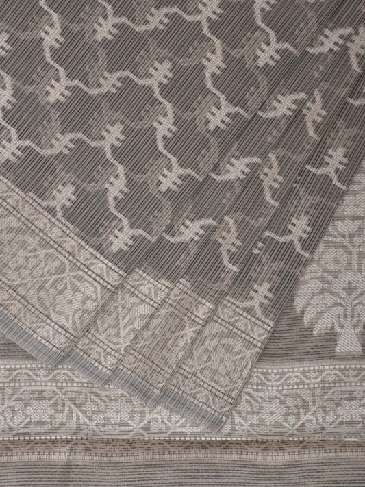 Grey Dhakai Jamdani Cotton Viscose Saree with Zig-Zag and Floral Pallu Design dj0075