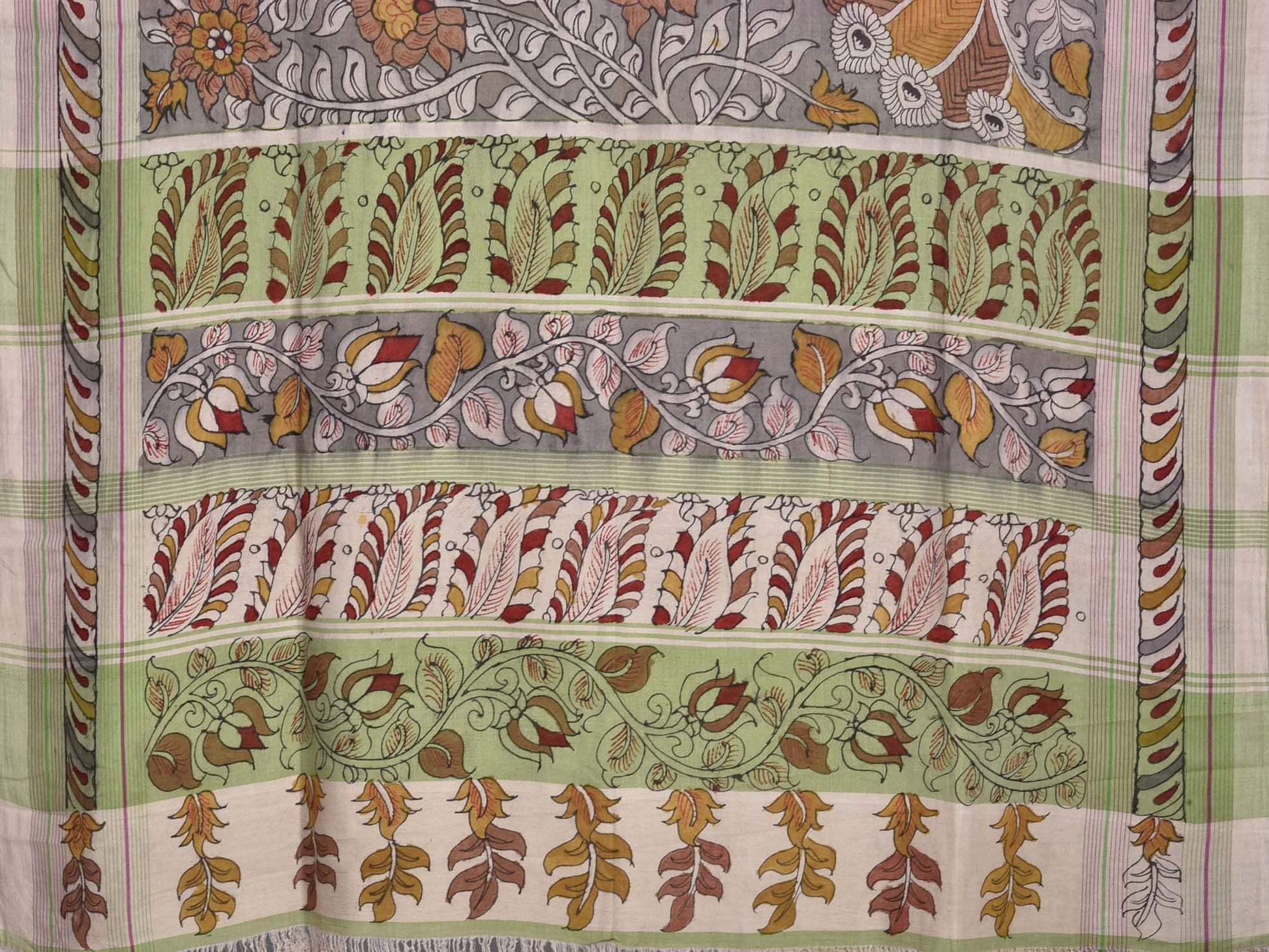 Grey Kalamkari Cotton Hand Painted Saree with Peacock and Lotus Design kl0075