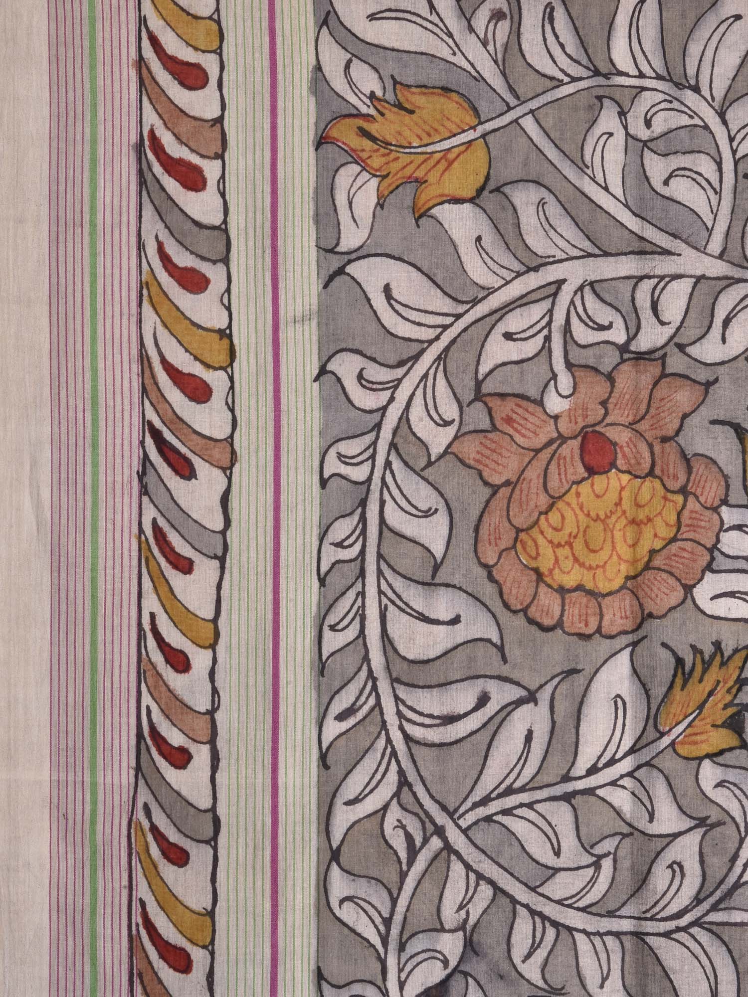 Grey Kalamkari Cotton Hand Painted Saree with Peacock and Lotus Design kl0075