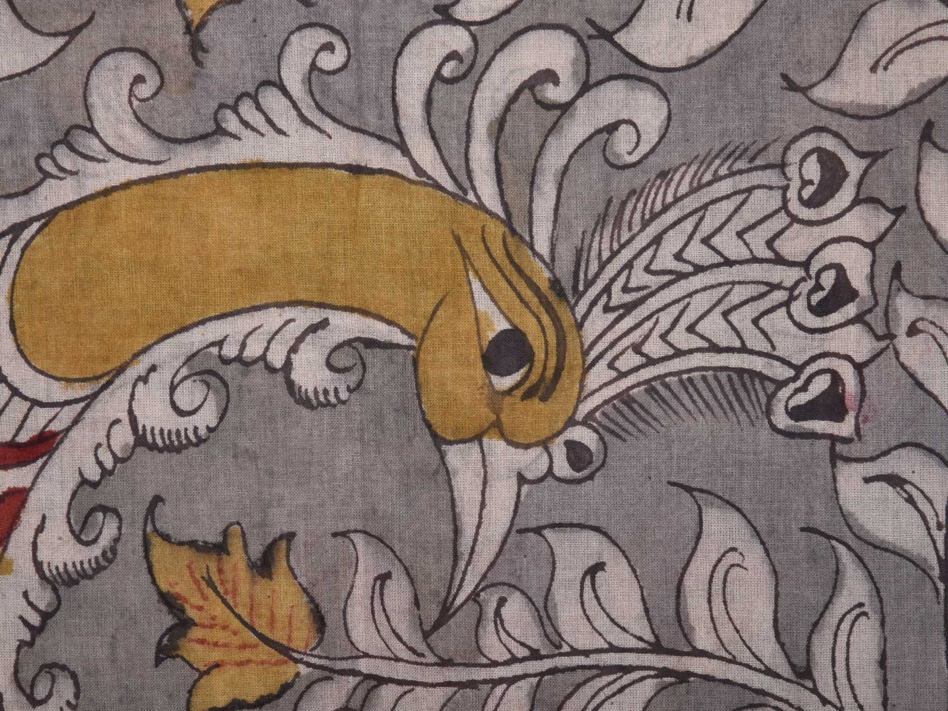 Grey Kalamkari Cotton Hand Painted Saree with Peacock and Lotus Design kl0075