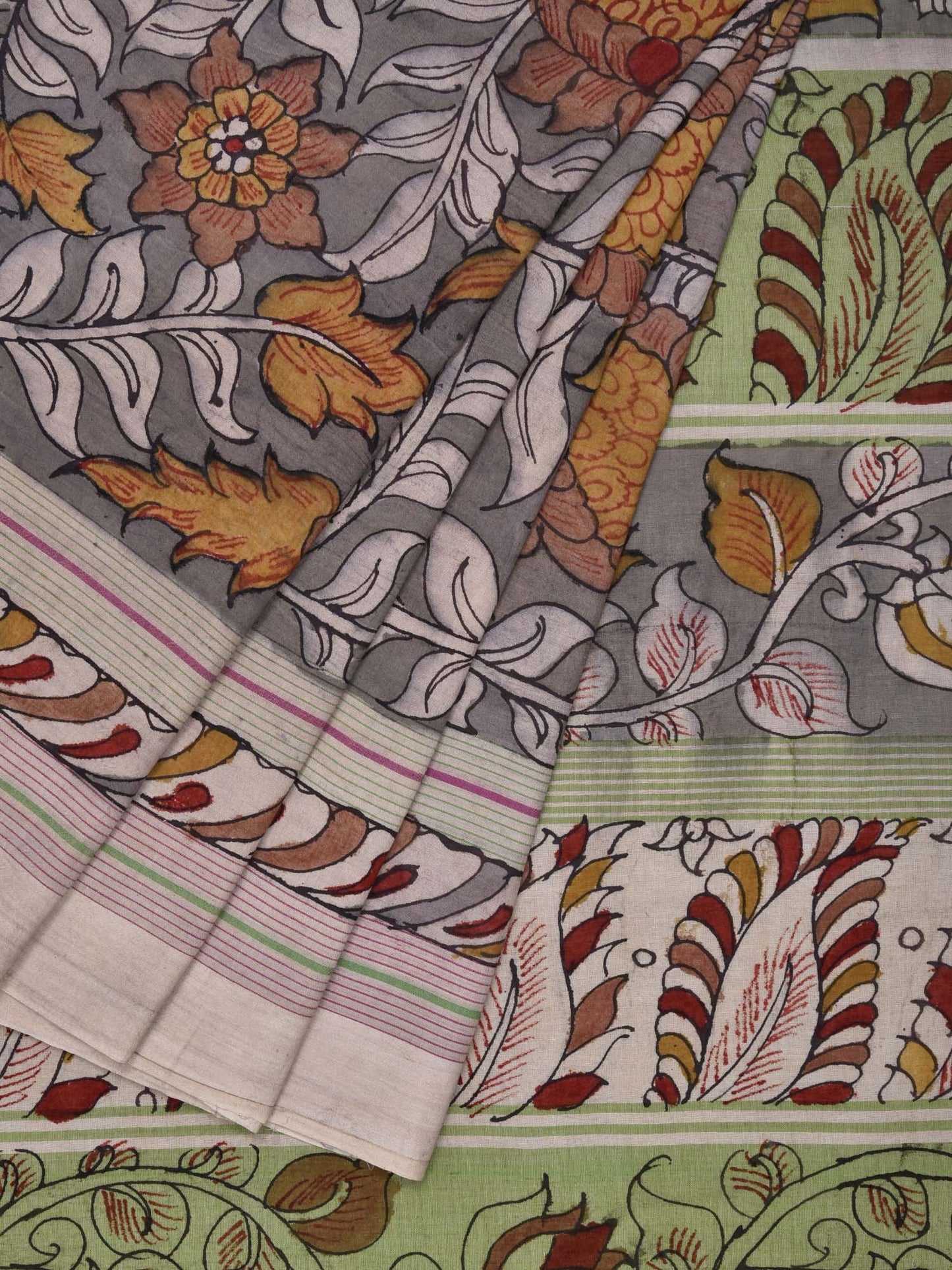 Grey Kalamkari Cotton Hand Painted Saree with Peacock and Lotus Design kl0075