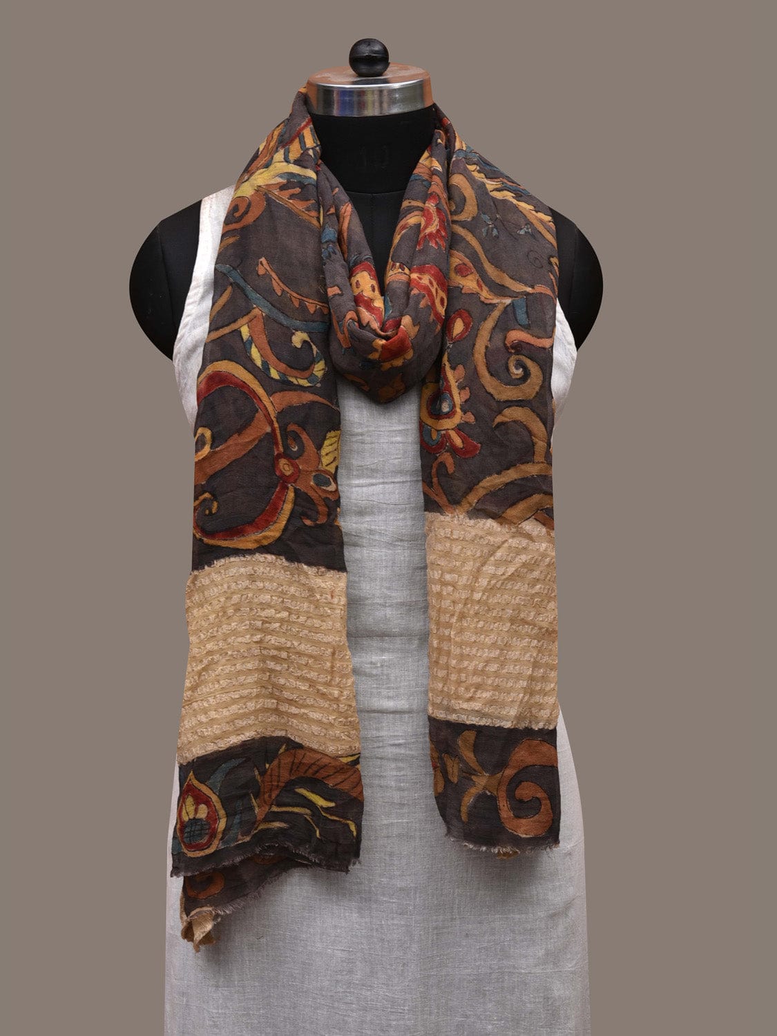 Grey Kalamkari Hand Painted Chiffon Dupatta with Floral Design ds2752