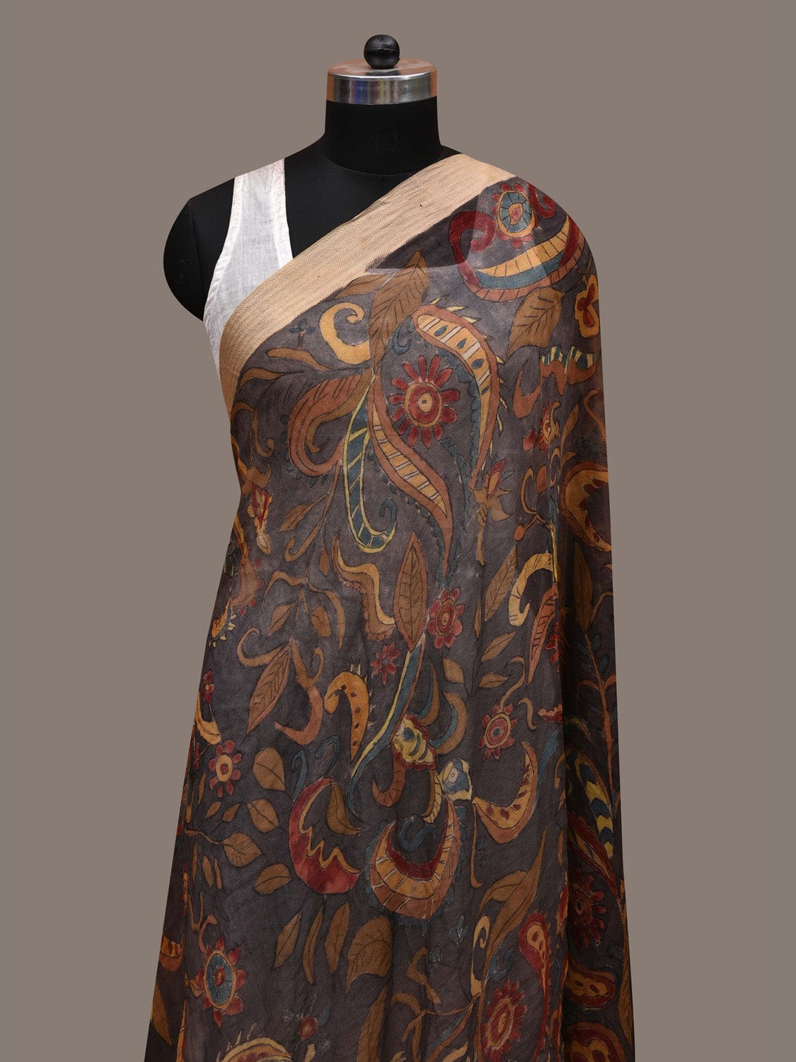 Grey Kalamkari Hand Painted Chiffon Dupatta with Floral Design ds2752