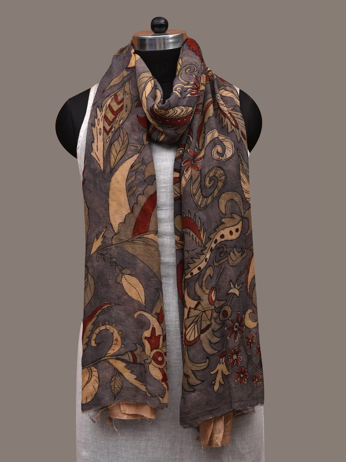 Grey Kalamkari Hand Painted Chiffon Dupatta with Floral Design ds2862