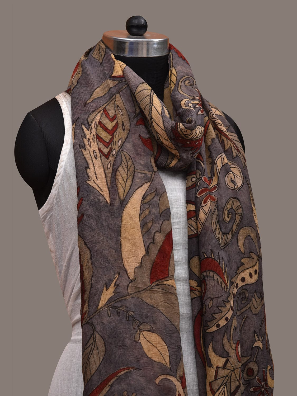 Grey Kalamkari Hand Painted Chiffon Dupatta with Floral Design ds2862