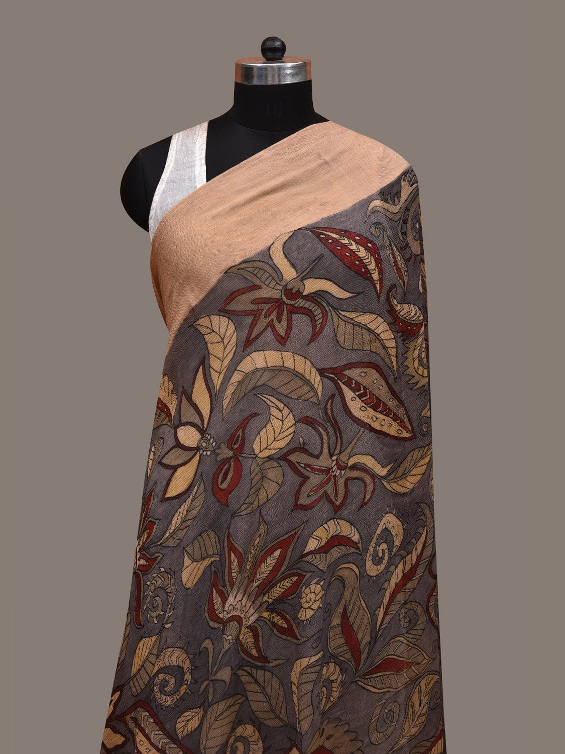 Grey Kalamkari Hand Painted Chiffon Dupatta with Floral Design ds2862