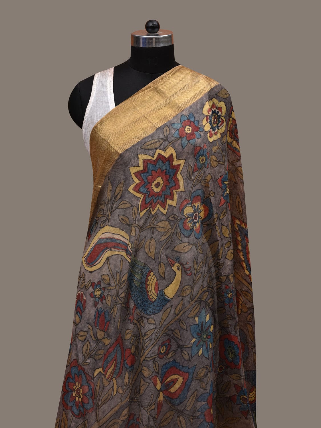 Grey Kalamkari Hand Painted Chiffon Dupatta with Floral, Peacocks and Zari Border Design ds2790
