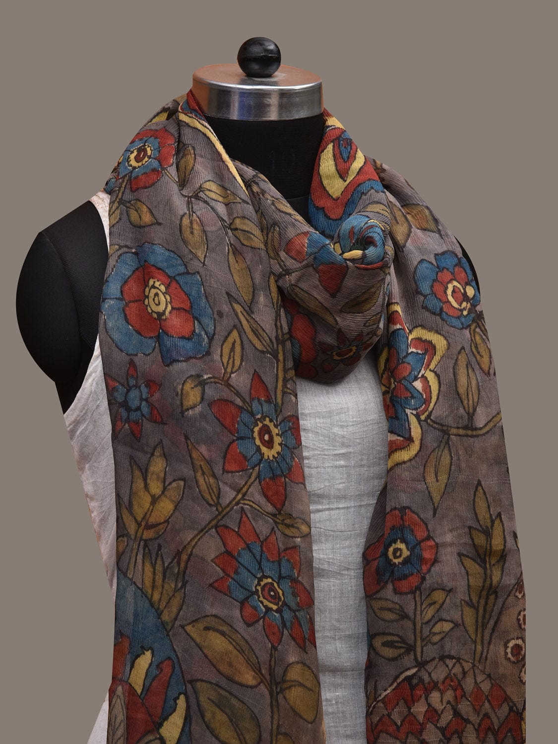 Grey Kalamkari Hand Painted Chiffon Dupatta with Floral, Peacocks and Zari Border Design ds2790