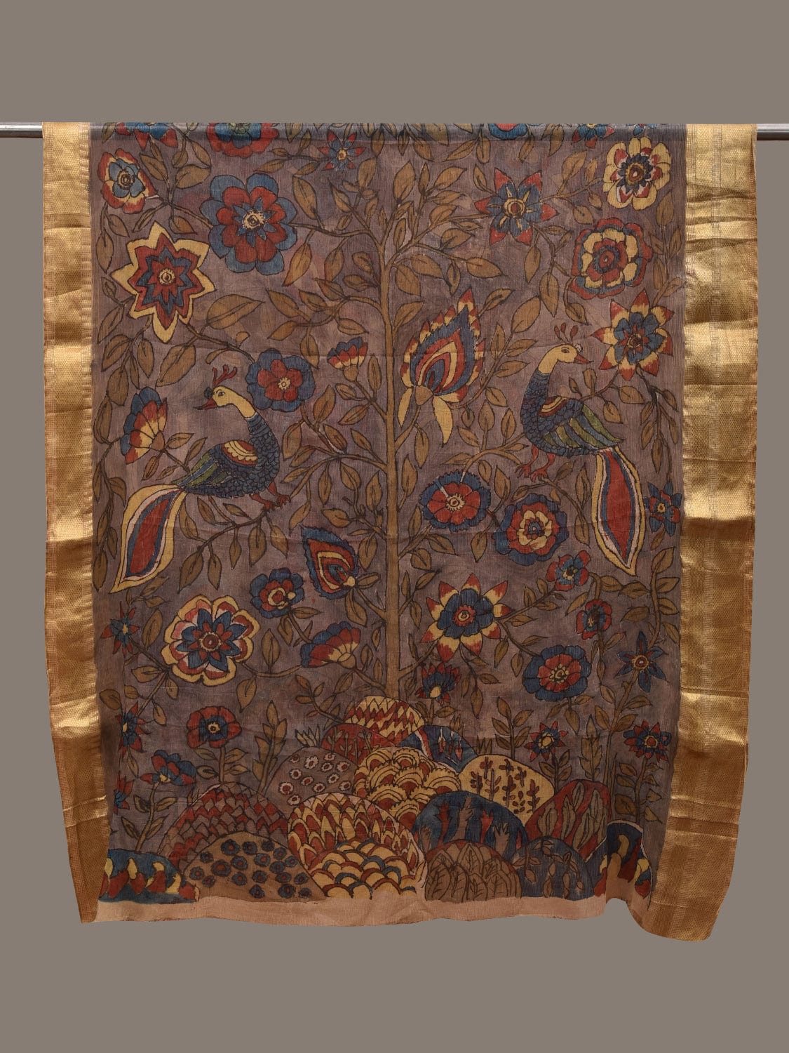 Grey Kalamkari Hand Painted Chiffon Dupatta with Floral, Peacocks and Zari Border Design ds2790