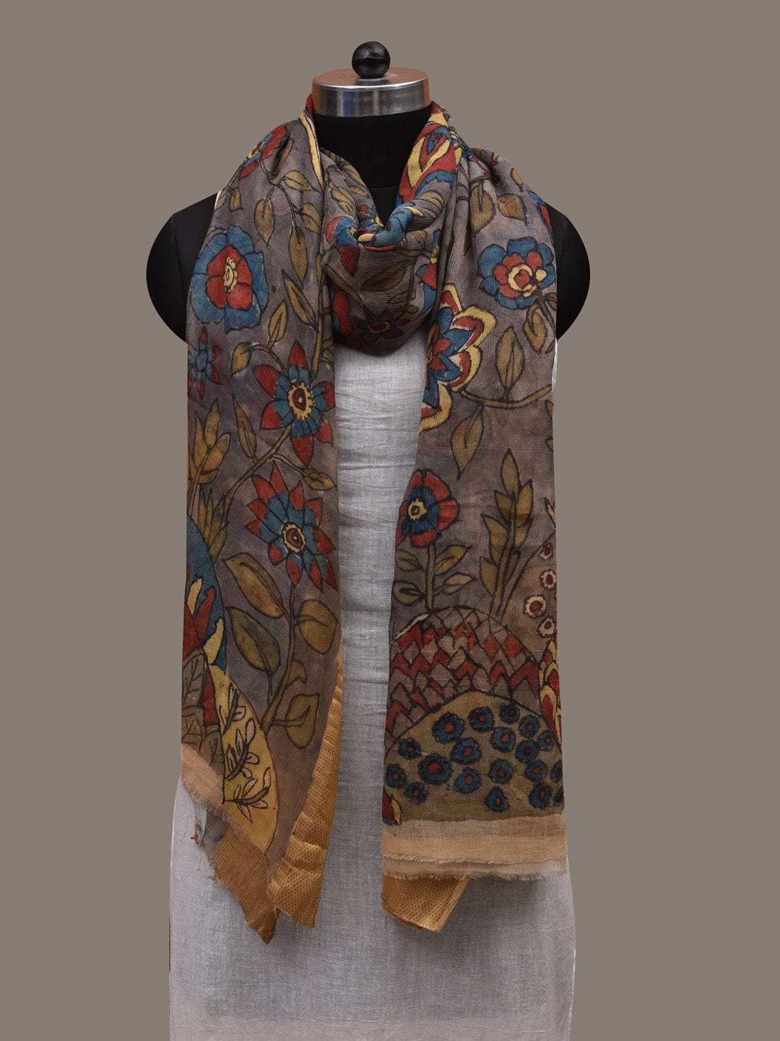 Grey Kalamkari Hand Painted Chiffon Dupatta with Floral, Peacocks and Zari Border Design ds2790
