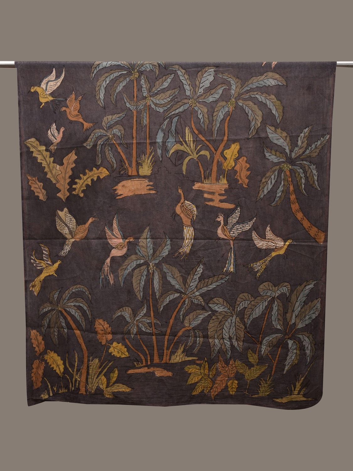 Grey Kalamkari Hand Painted Cotton Handloom Dupatta with Birds and Trees Design ds2734