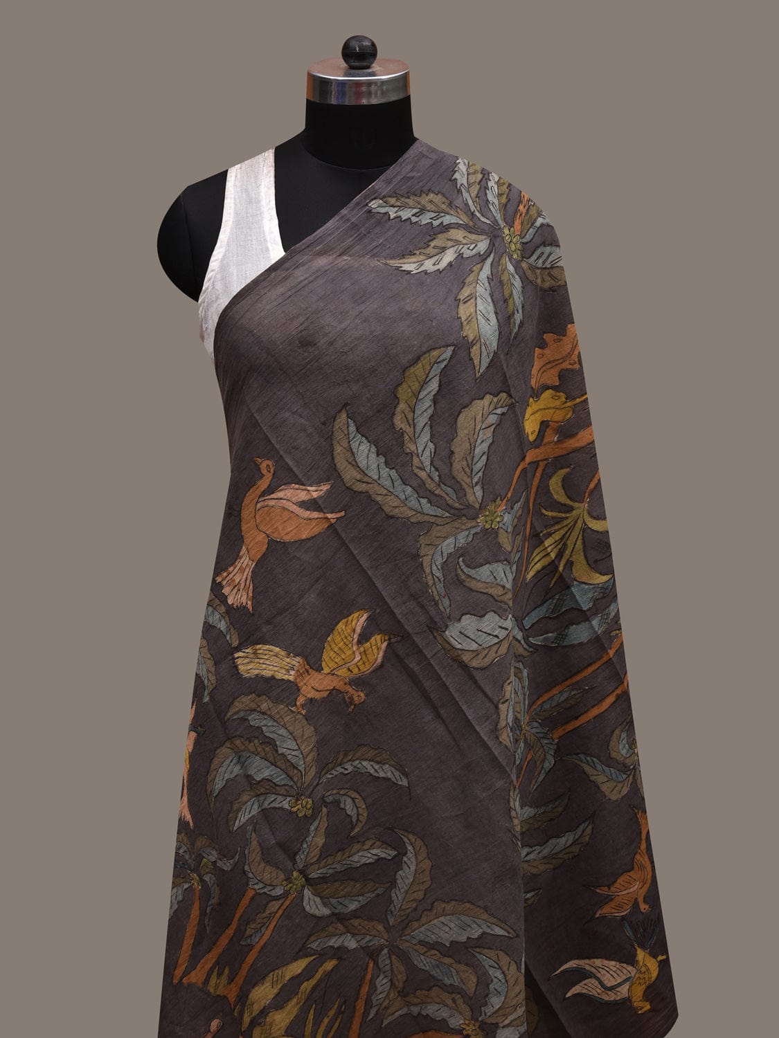 Grey Kalamkari Hand Painted Cotton Handloom Dupatta with Birds and Trees Design ds2734