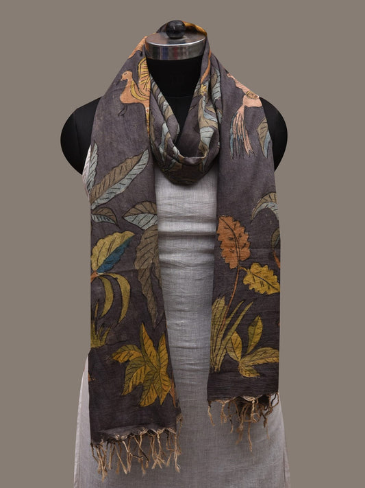 Grey Kalamkari Hand Painted Cotton Handloom Dupatta with Birds and Trees Design ds2734