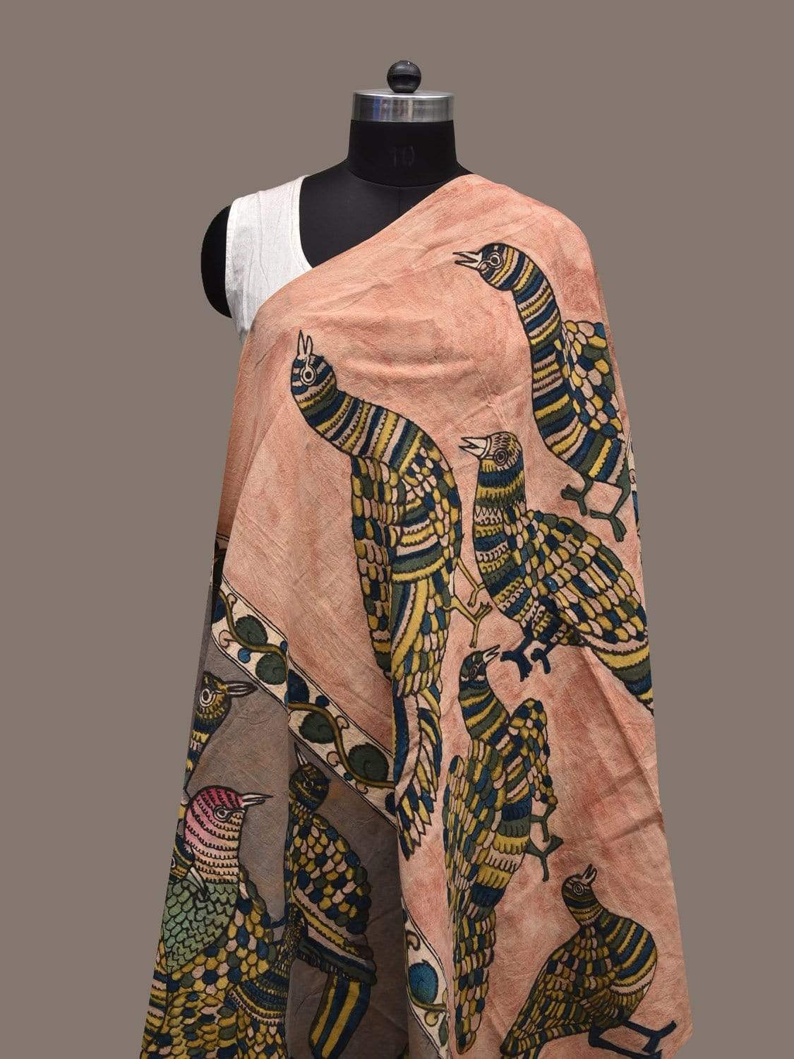 Grey Kalamkari Hand Painted Cotton Handloom Dupatta with Birds Design ds2278