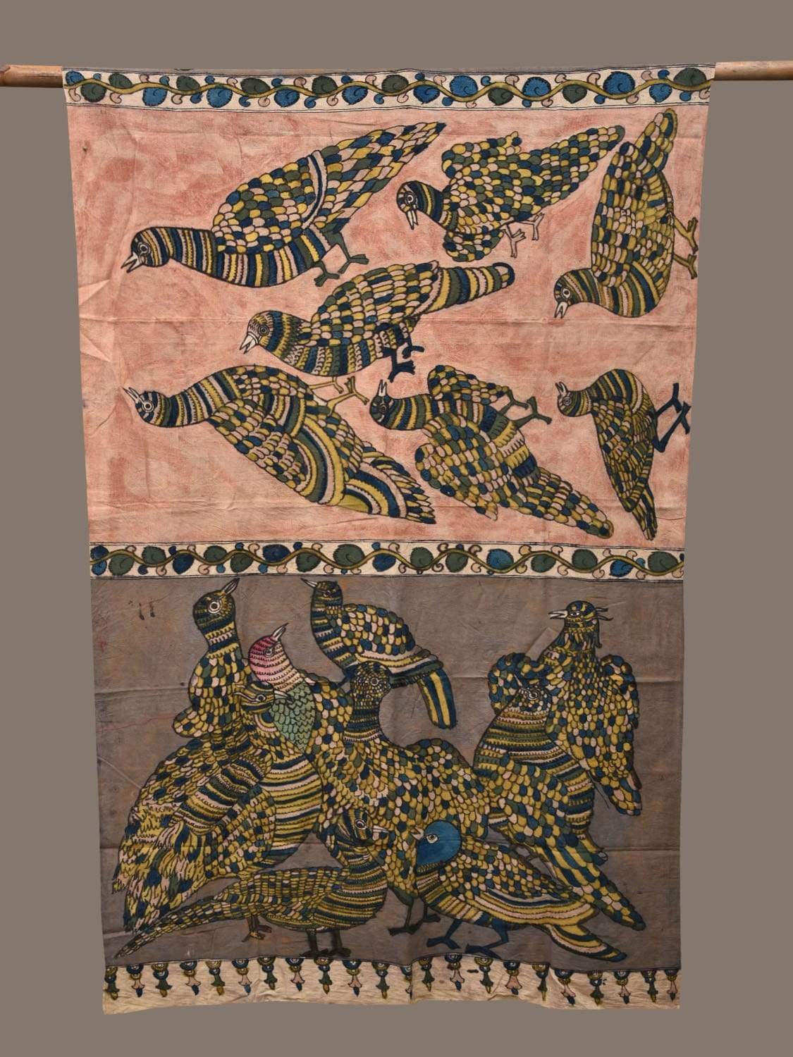 Grey Kalamkari Hand Painted Cotton Handloom Dupatta with Birds Design ds2278