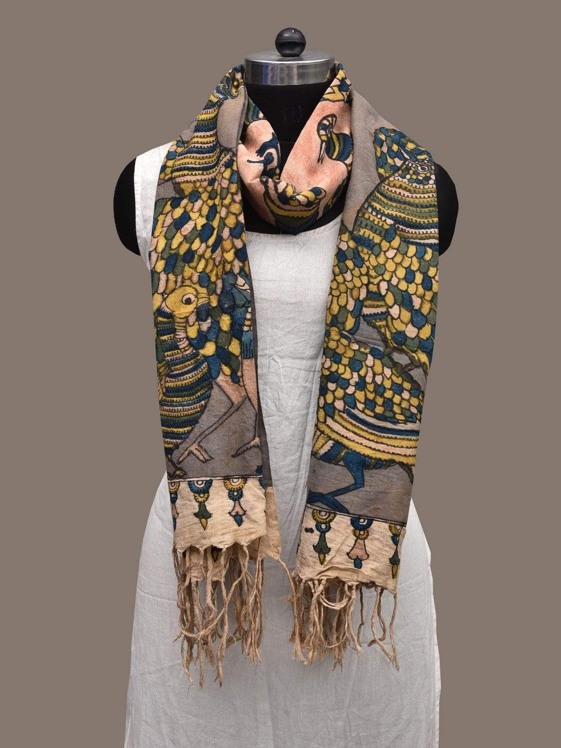 Grey Kalamkari Hand Painted Cotton Handloom Dupatta with Birds Design ds2278