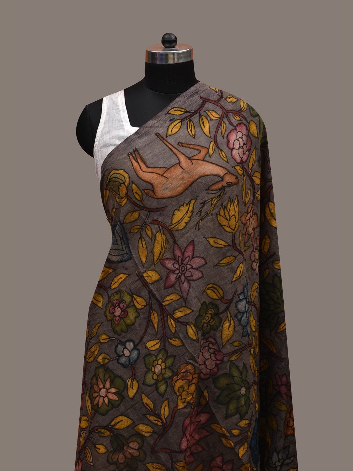 Grey Kalamkari Hand Painted Cotton Handloom Dupatta with Deers and Floral Design ds2727
