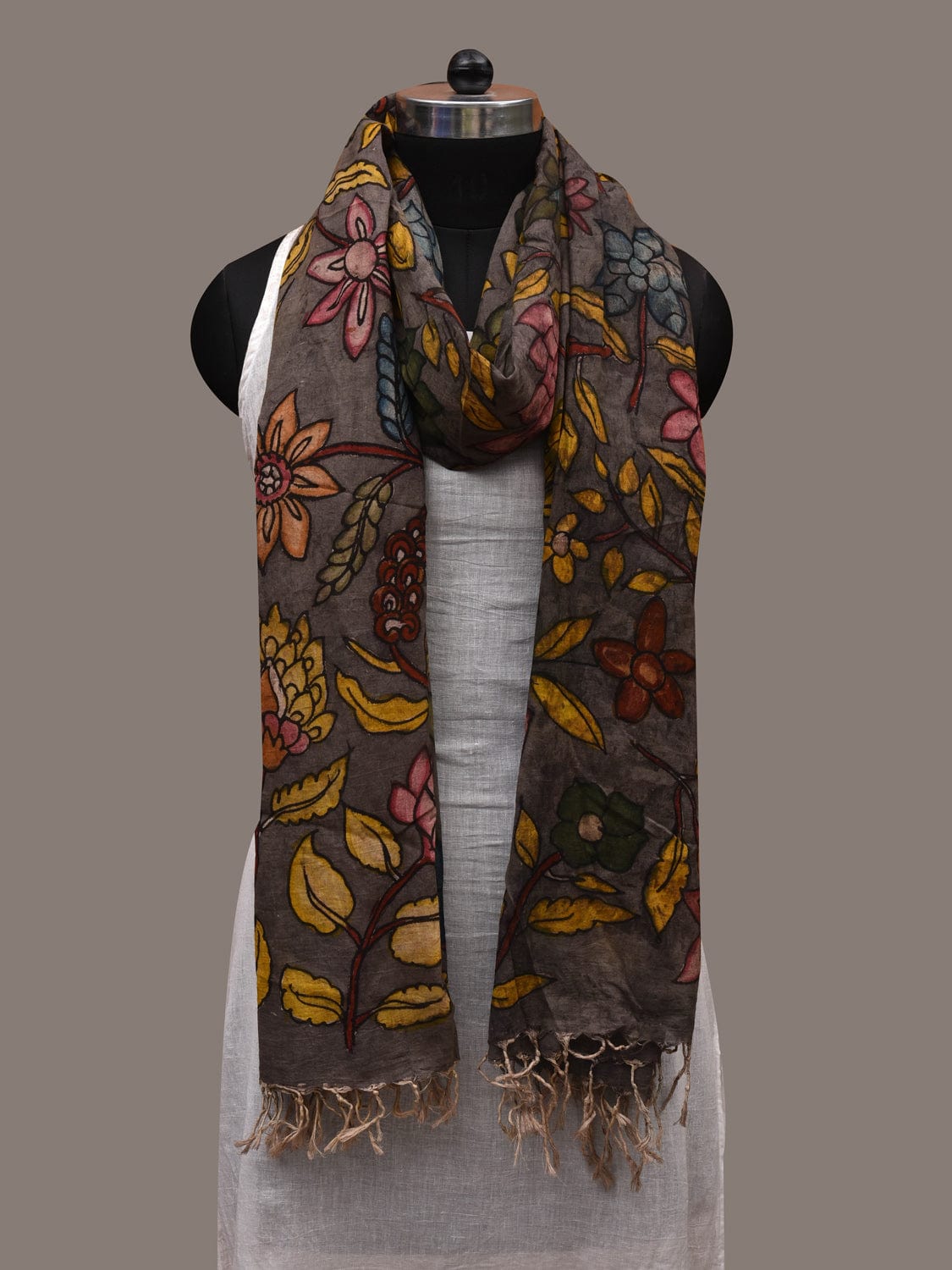Grey Kalamkari Hand Painted Cotton Handloom Dupatta with Deers and Floral Design ds2727