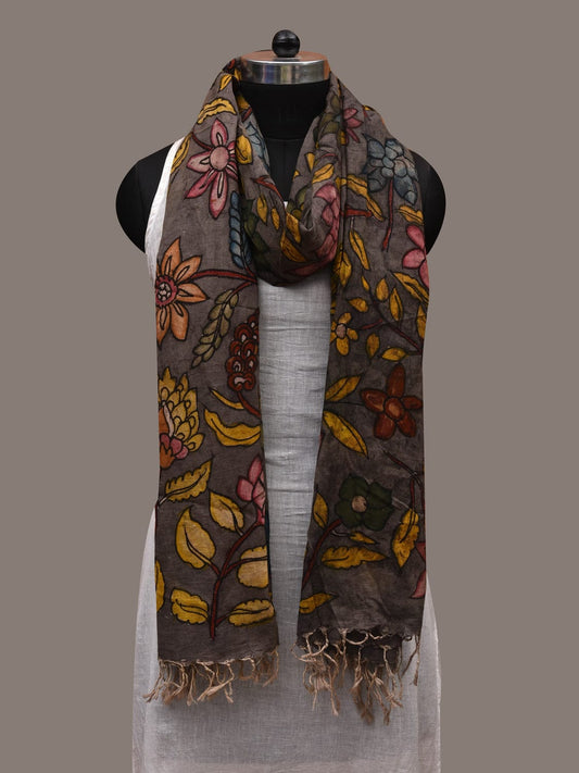 Grey Kalamkari Hand Painted Cotton Handloom Dupatta with Deers and Floral Design ds2727
