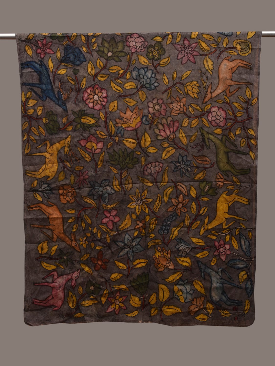 Grey Kalamkari Hand Painted Cotton Handloom Dupatta with Deers and Floral Design ds2727