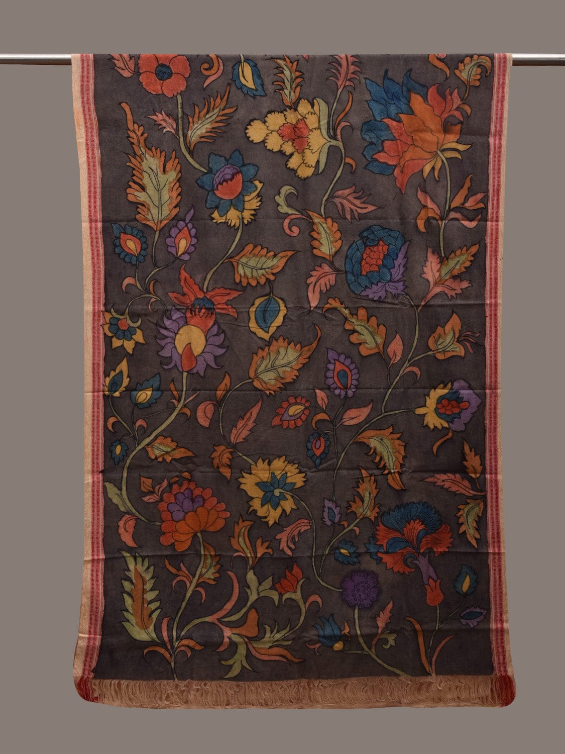 Grey Kalamkari Hand Painted Cotton Handloom Dupatta with Dobi Border and Floral Design ds2960