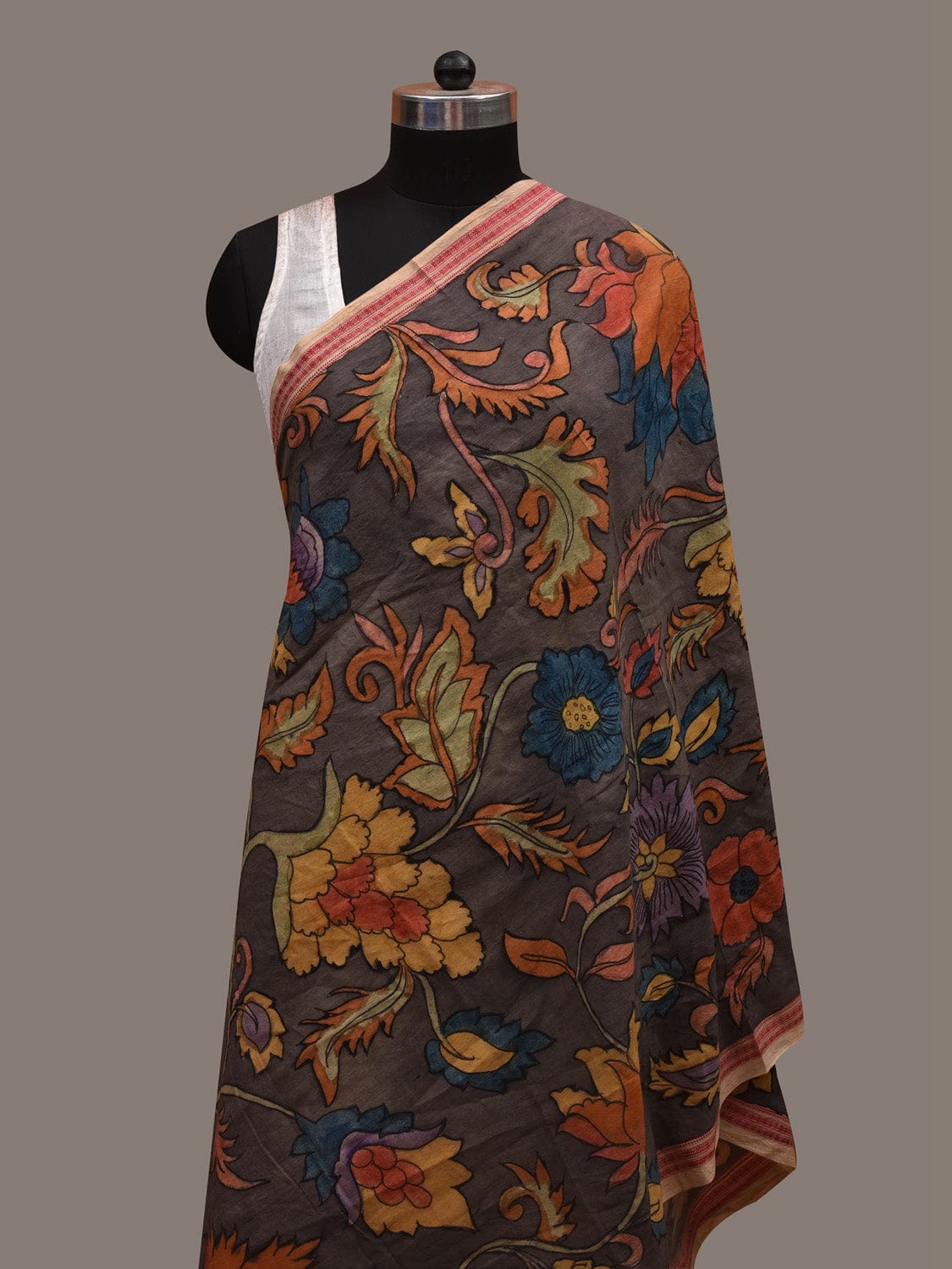 Grey Kalamkari Hand Painted Cotton Handloom Dupatta with Dobi Border and Floral Design ds2960