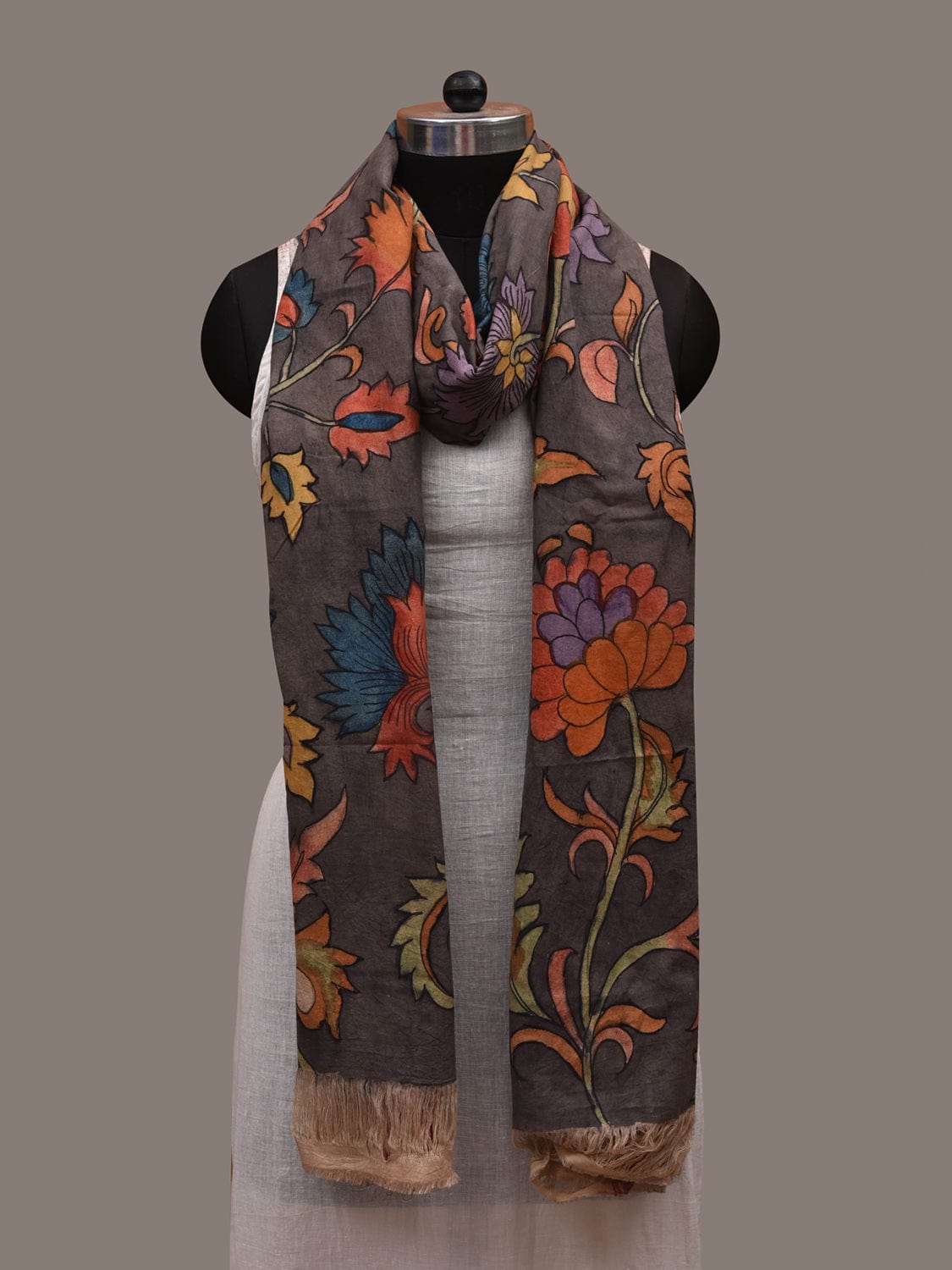 Grey Kalamkari Hand Painted Cotton Handloom Dupatta with Dobi Border and Floral Design ds2960