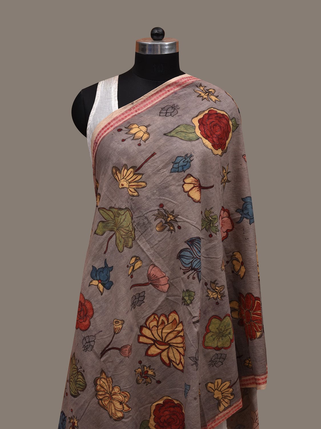 Grey Kalamkari Hand Painted Cotton Handloom Dupatta with Doby Border and Floral Design ds2868