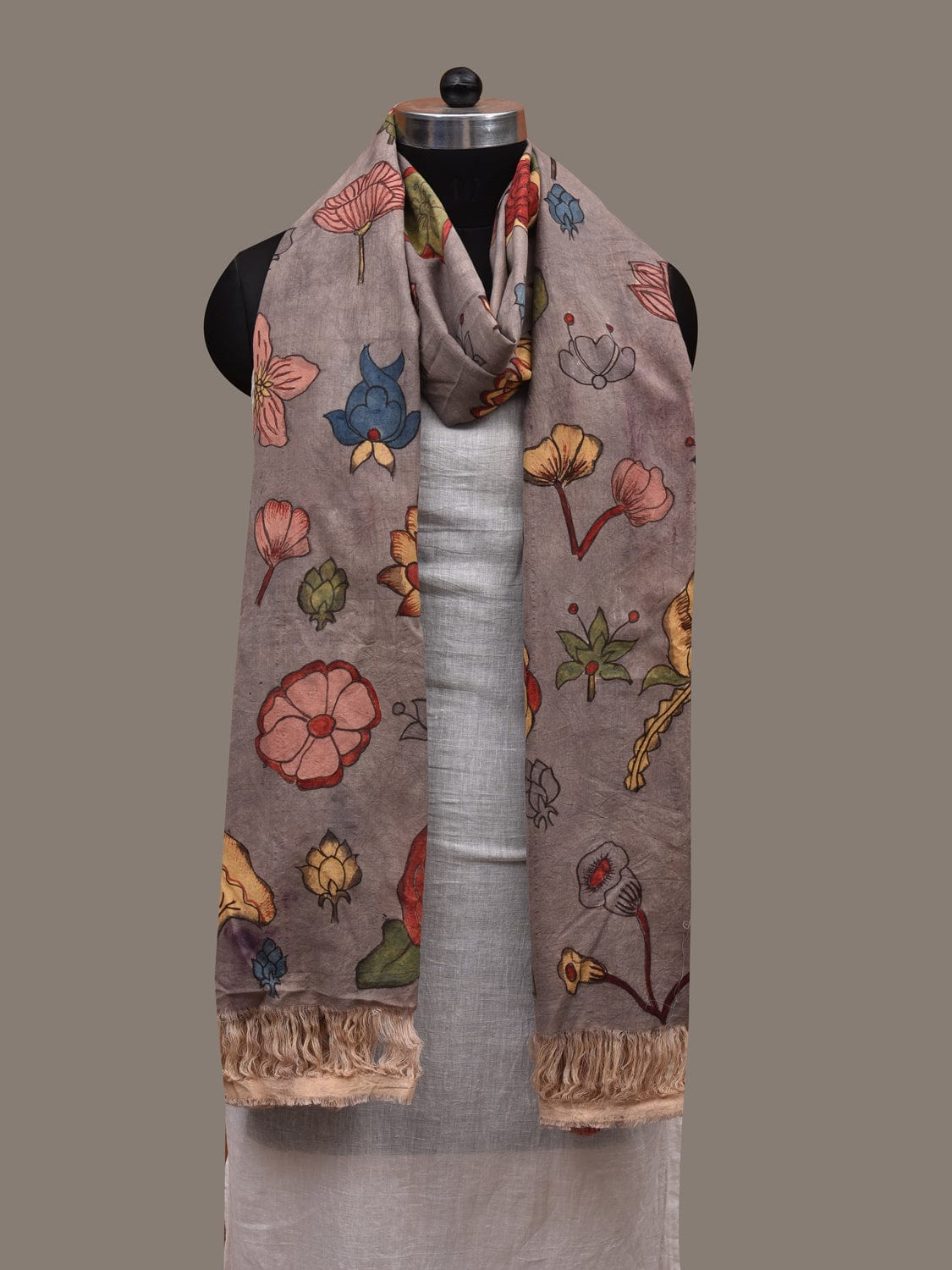 Grey Kalamkari Hand Painted Cotton Handloom Dupatta with Doby Border and Floral Design ds2868