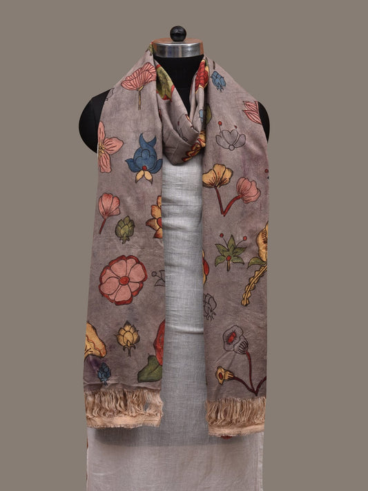 Grey Kalamkari Hand Painted Cotton Handloom Dupatta with Doby Border and Floral Design ds2868