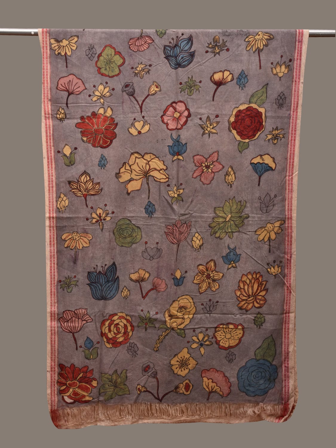 Grey Kalamkari Hand Painted Cotton Handloom Dupatta with Doby Border and Floral Design ds2868