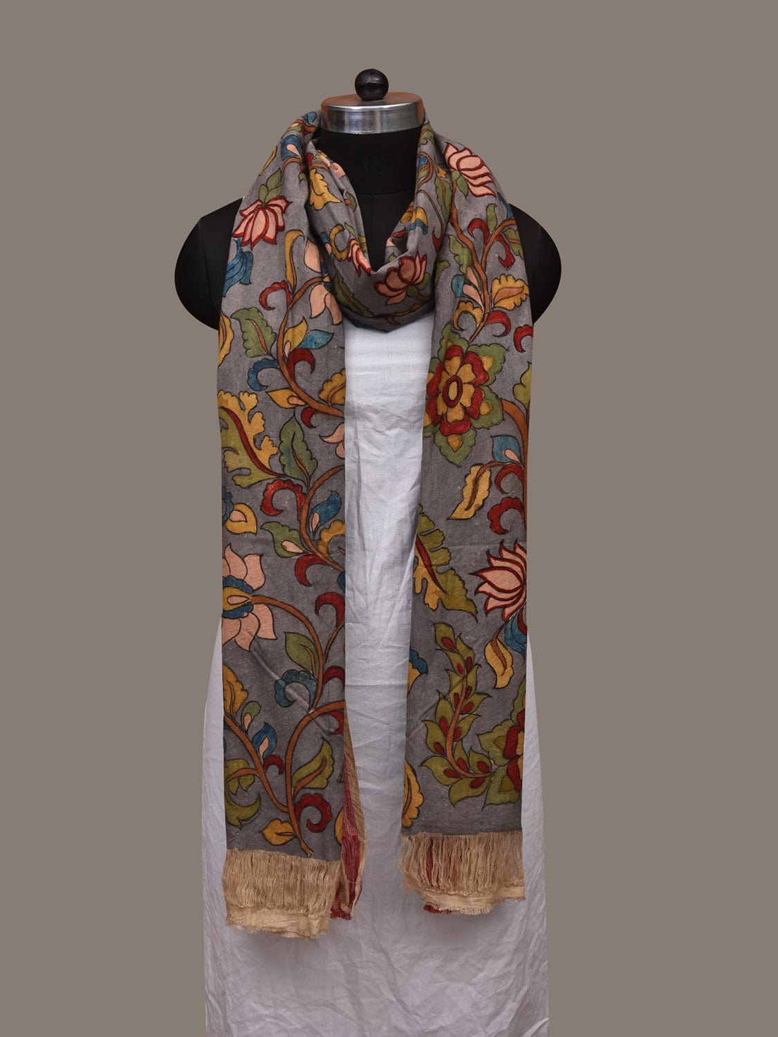 Grey Kalamkari Hand Painted Cotton Handloom Dupatta with Doby Border and Floral Design ds3060