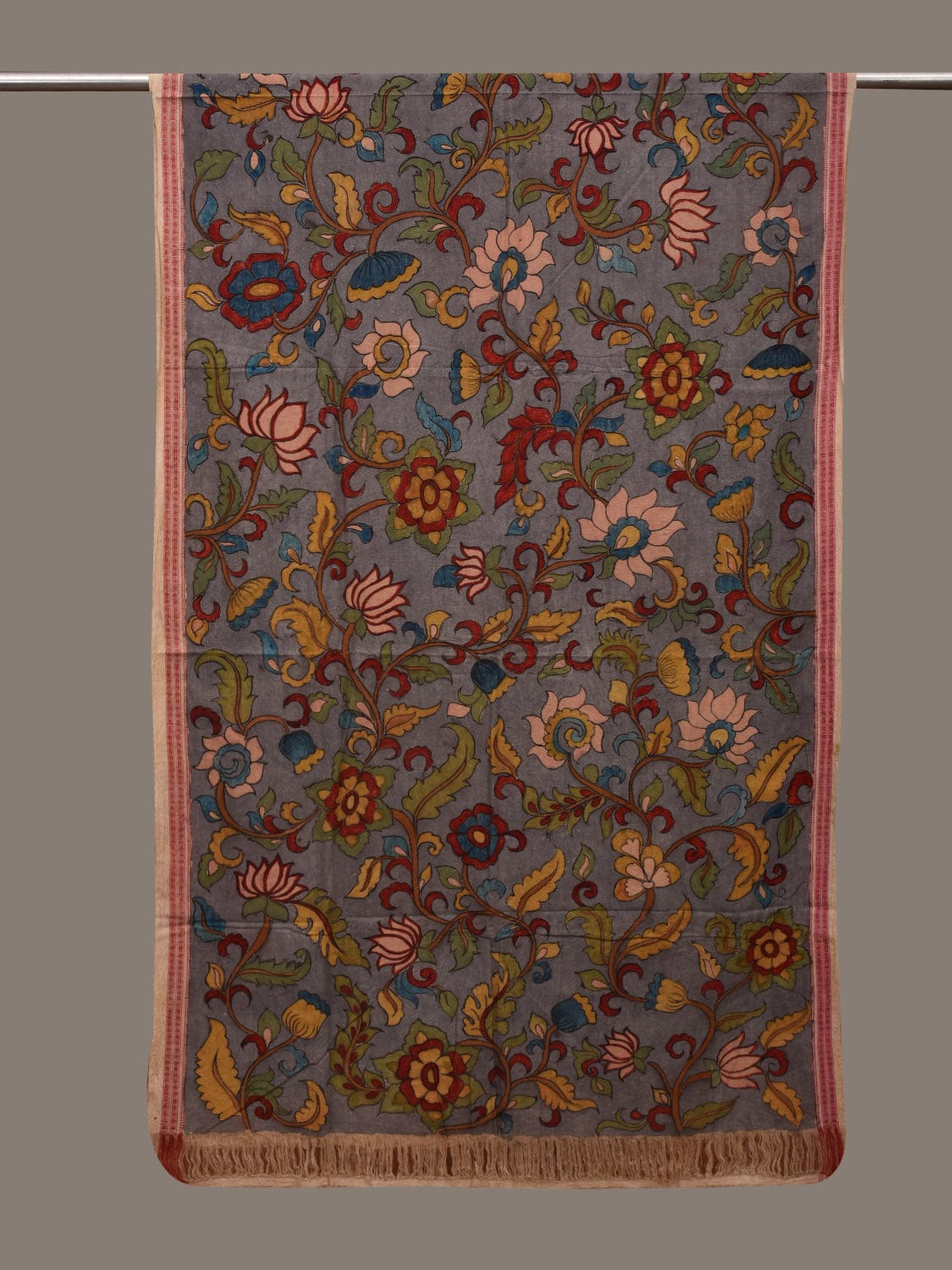 Grey Kalamkari Hand Painted Cotton Handloom Dupatta with Doby Border and Floral Design ds3060