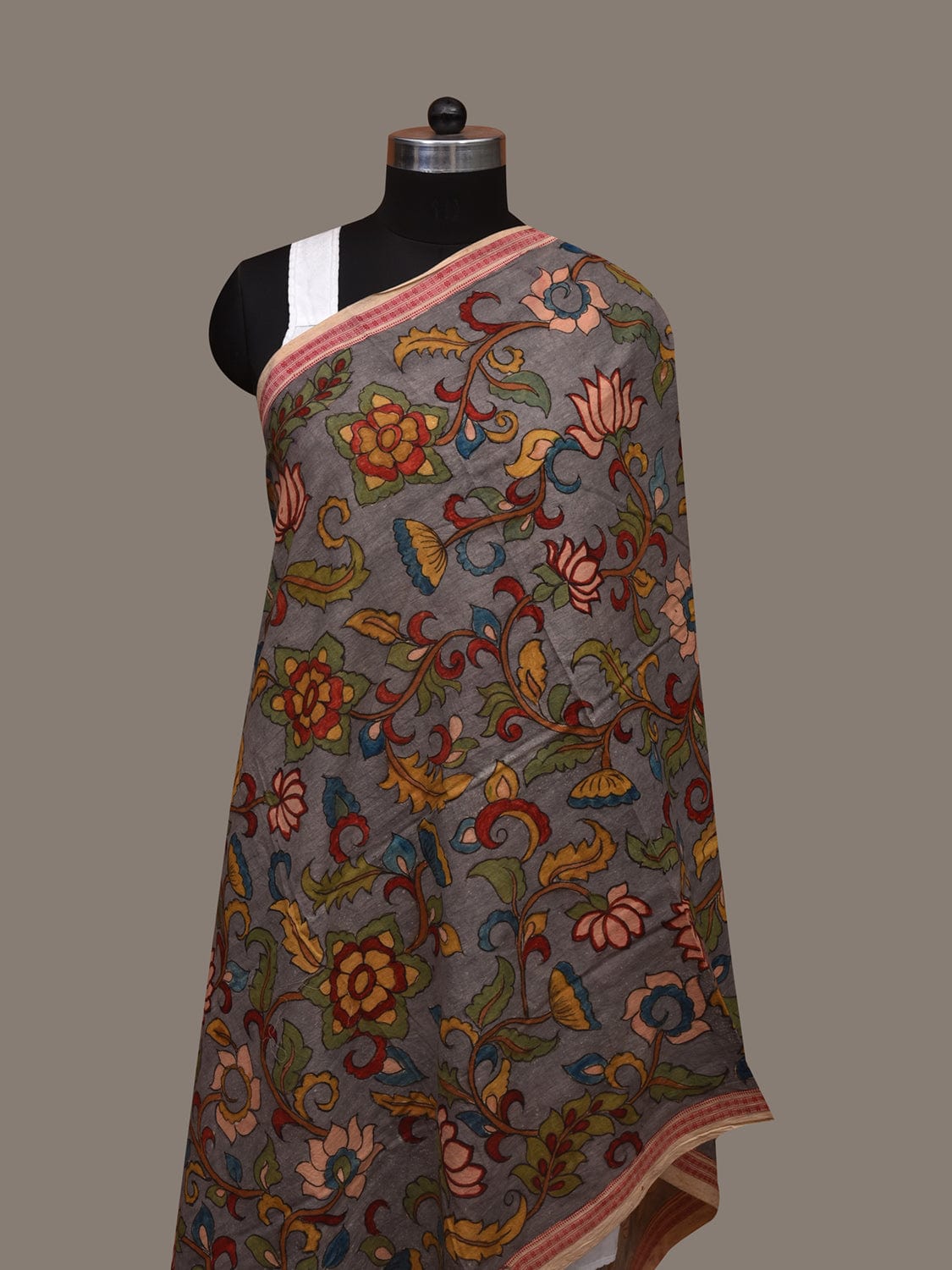 Grey Kalamkari Hand Painted Cotton Handloom Dupatta with Doby Border and Floral Design ds3060