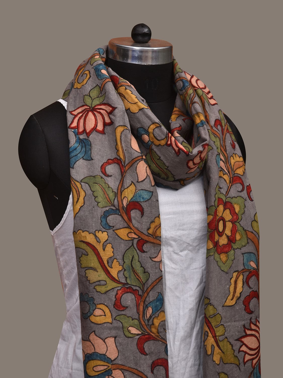 Grey Kalamkari Hand Painted Cotton Handloom Dupatta with Doby Border and Floral Design ds3060