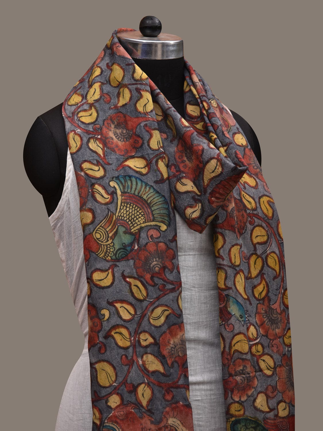 Grey Kalamkari Hand Painted Cotton Handloom Dupatta with Floral and Birds Design ds2876