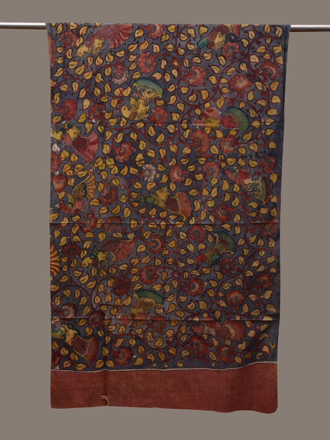 Grey Kalamkari Hand Painted Cotton Handloom Dupatta with Floral and Birds Design ds2876