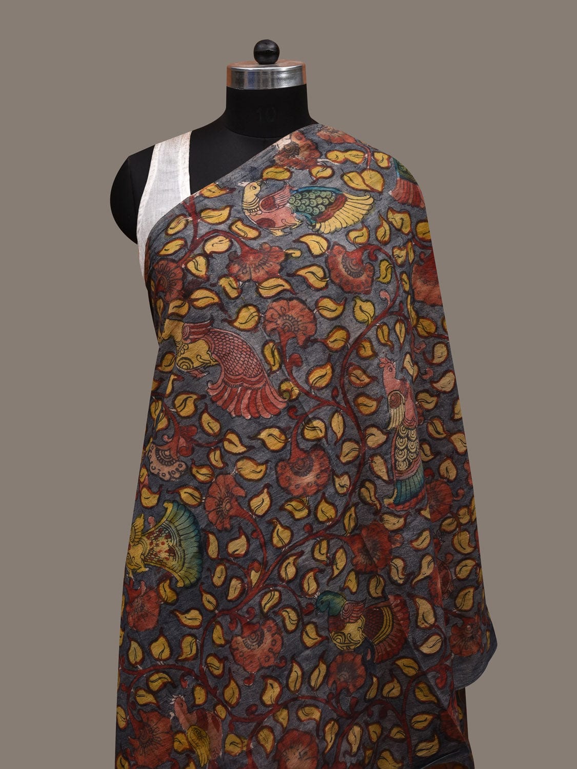 Grey Kalamkari Hand Painted Cotton Handloom Dupatta with Floral and Birds Design ds2876