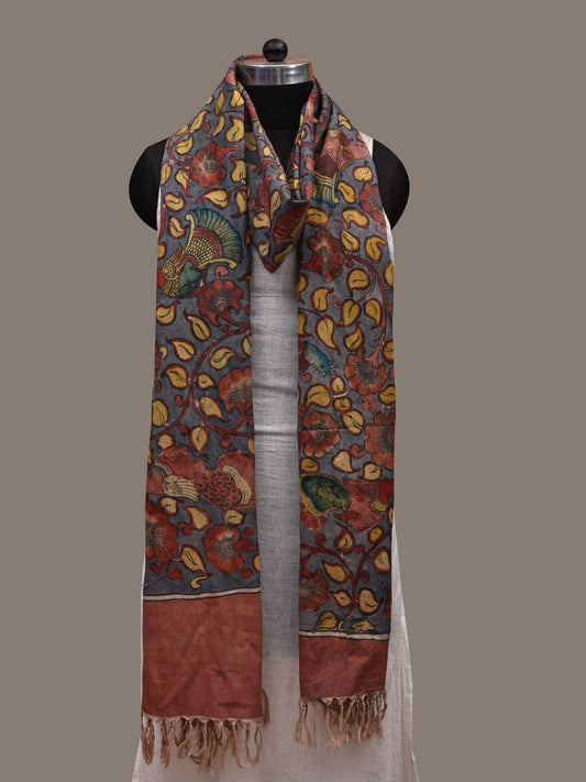 Grey Kalamkari Hand Painted Cotton Handloom Dupatta with Floral and Birds Design ds2876
