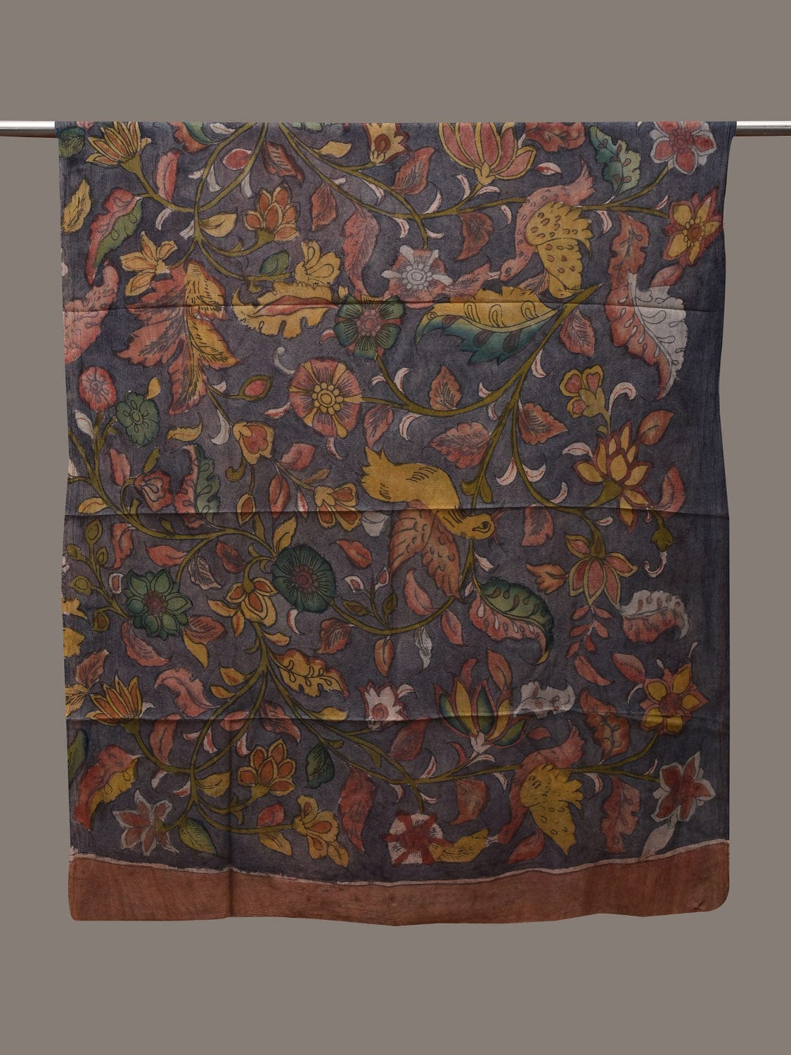 Grey Kalamkari Hand Painted Cotton Handloom Dupatta with Floral and Birds Design ds2884