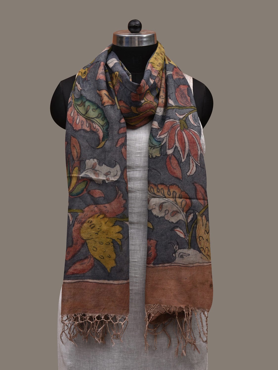 Grey Kalamkari Hand Painted Cotton Handloom Dupatta with Floral and Birds Design ds2884