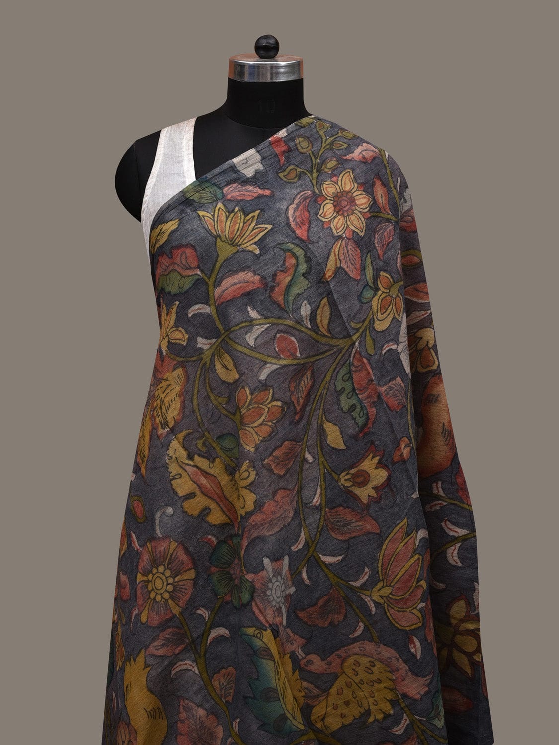Grey Kalamkari Hand Painted Cotton Handloom Dupatta with Floral and Birds Design ds2884