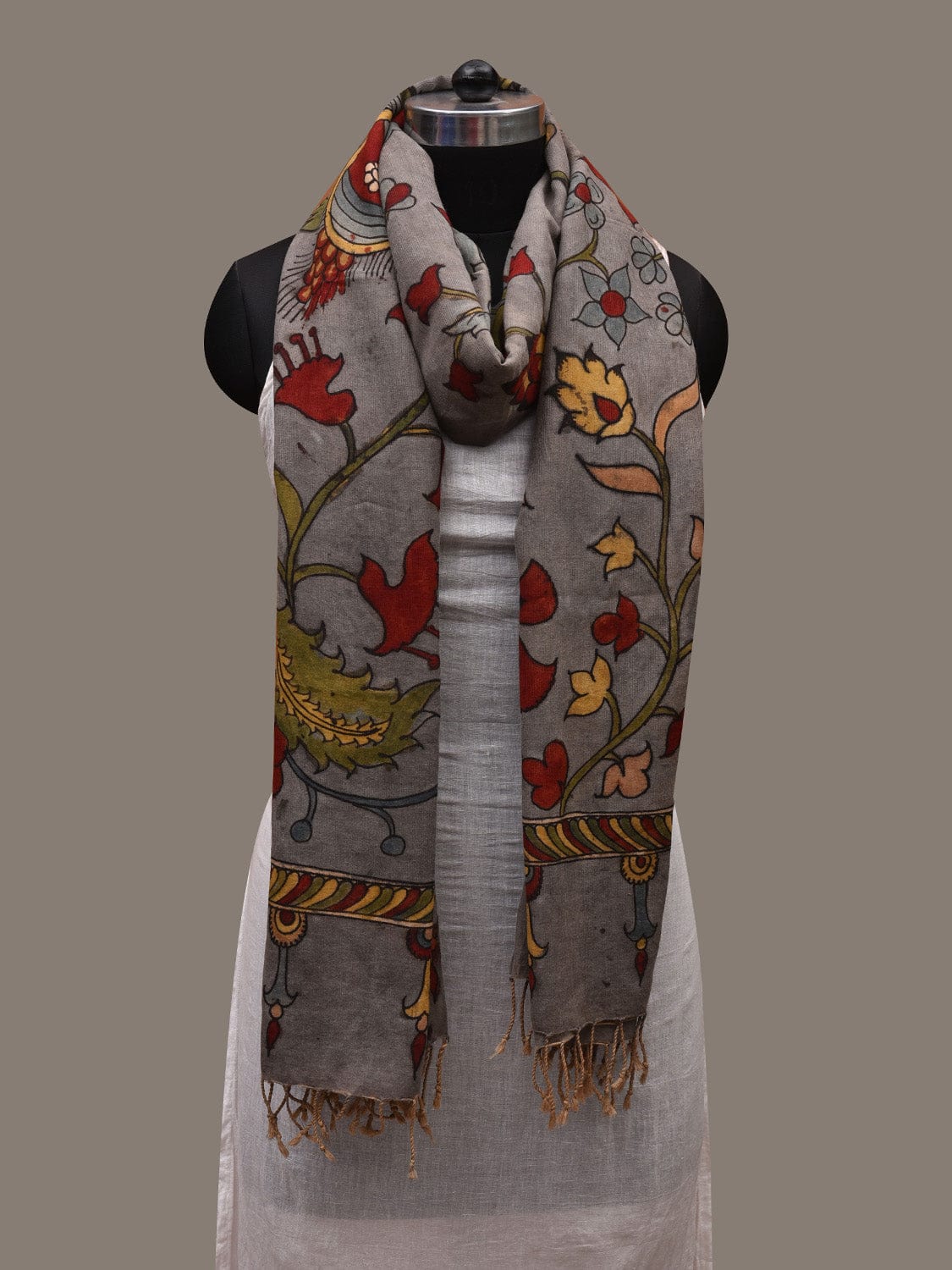 Grey Kalamkari Hand Painted Cotton Handloom Dupatta with Floral Design ds2737