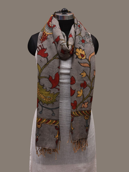 Grey Kalamkari Hand Painted Cotton Handloom Dupatta with Floral Design ds2737