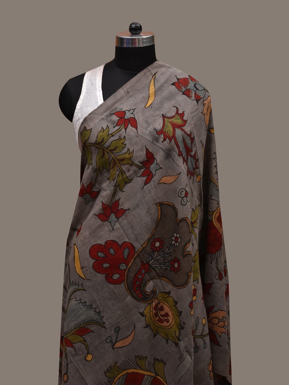 Grey Kalamkari Hand Painted Cotton Handloom Dupatta with Floral Design ds2737