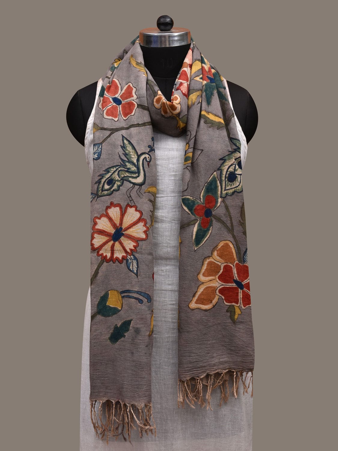 Grey Kalamkari Hand Painted Cotton Handloom Dupatta with Floral Design ds2843