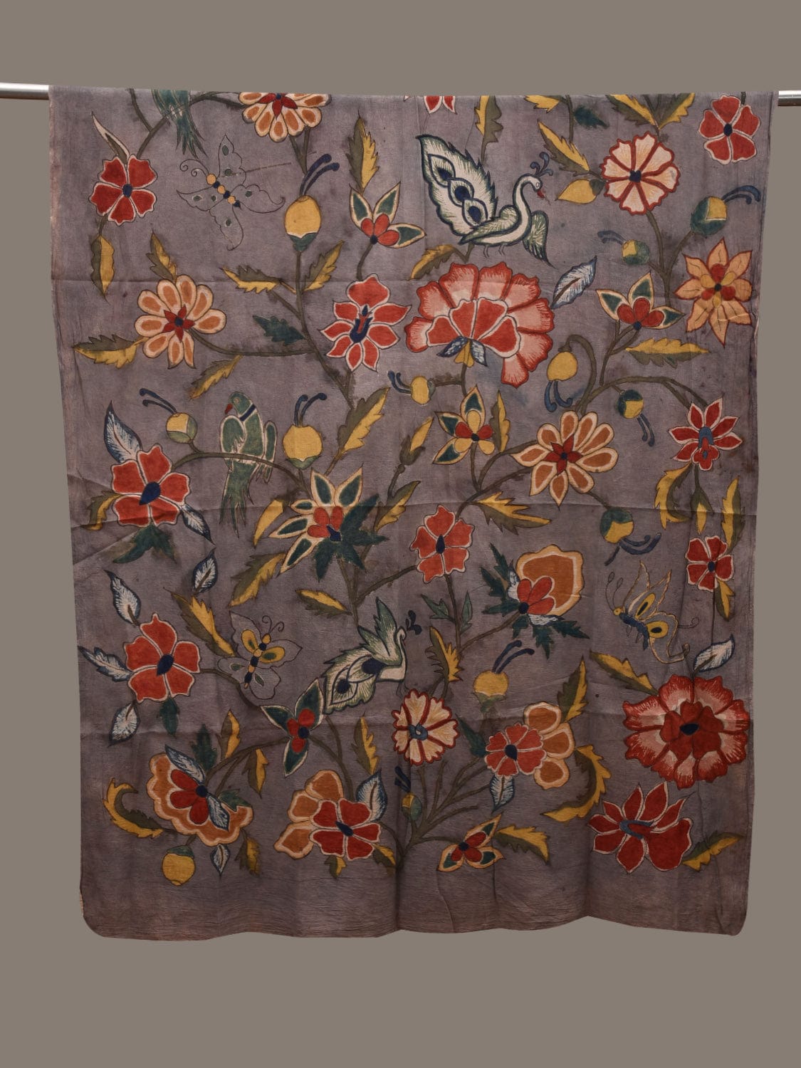 Grey Kalamkari Hand Painted Cotton Handloom Dupatta with Floral Design ds2843