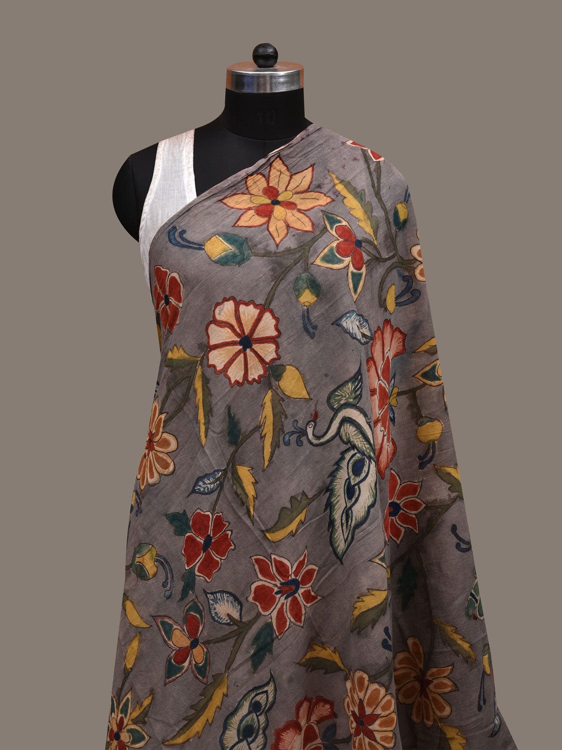 Grey Kalamkari Hand Painted Cotton Handloom Dupatta with Floral Design ds2843